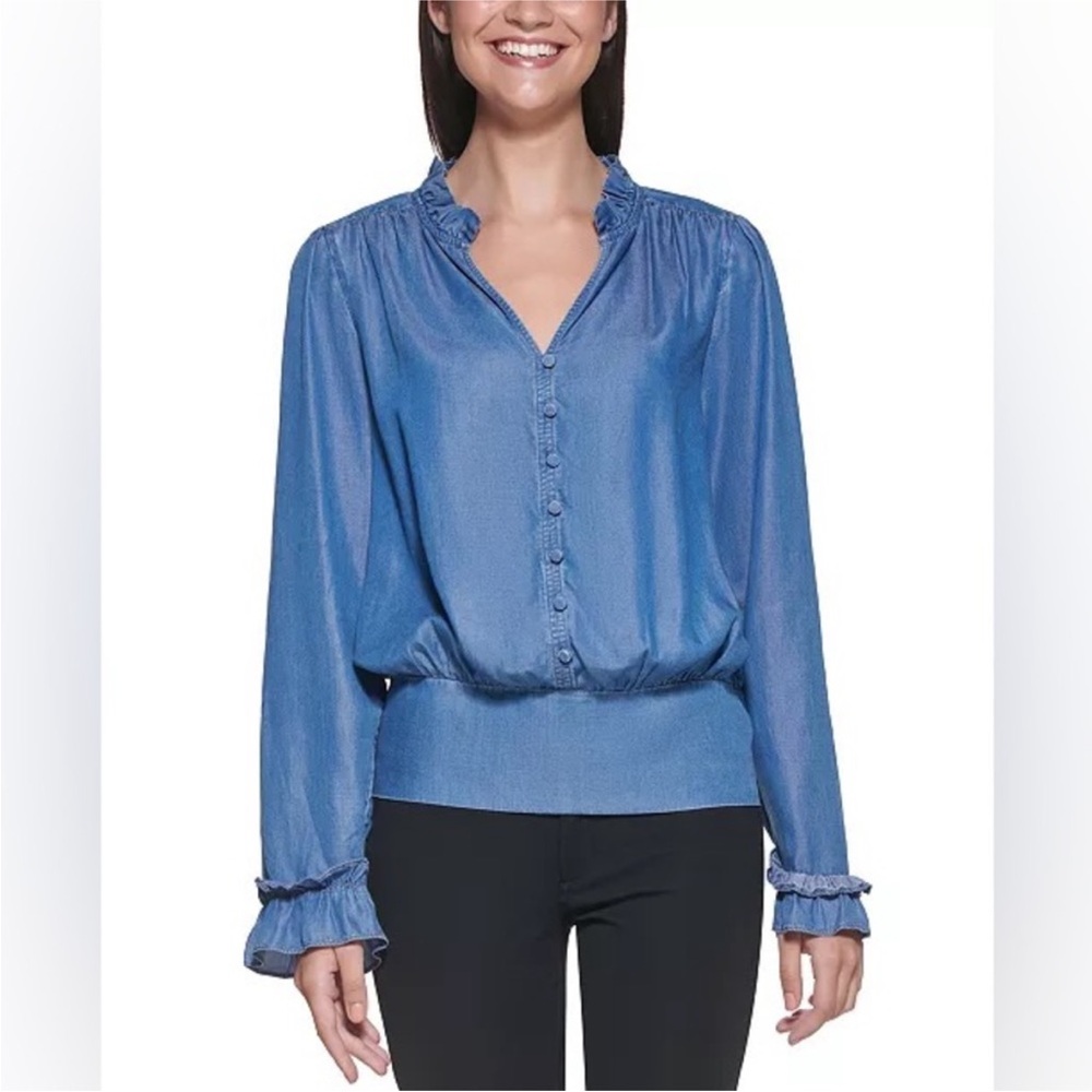 Karl Langerfield Split-Neck Smocked-Hem Top Sz Large Chambray